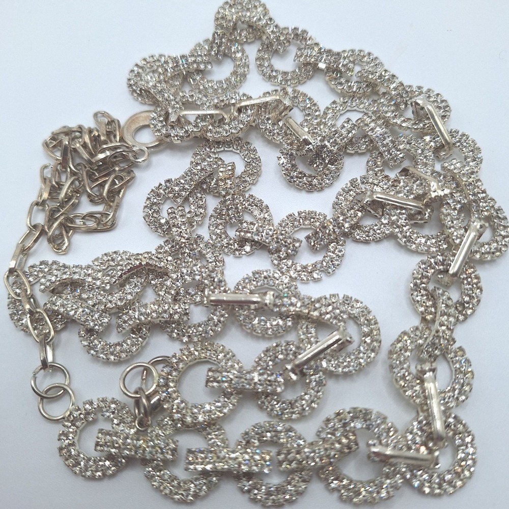 Vintage rhinestone belt long statement necklace oval links Hollywood glam Retro